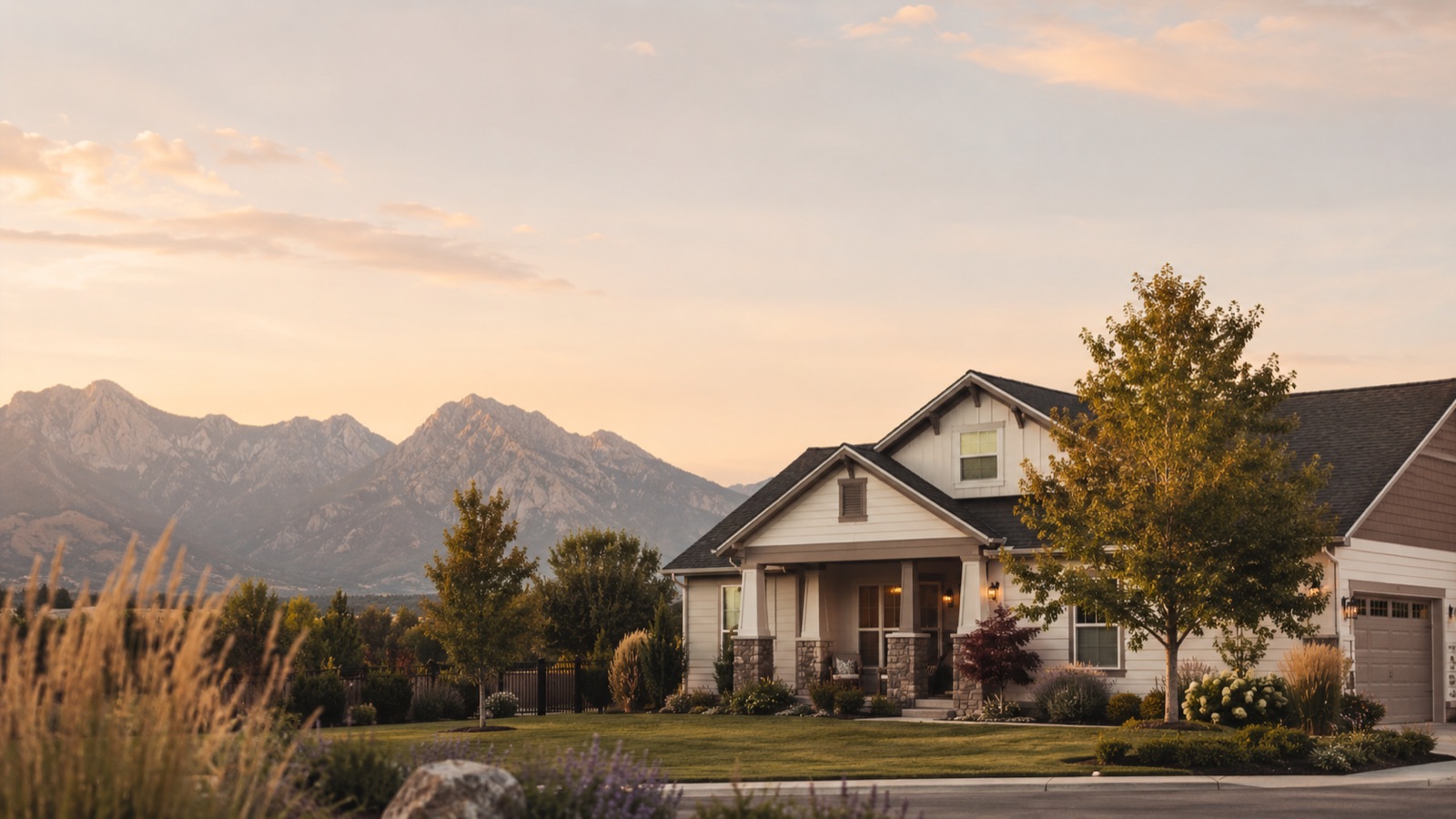 A Utah County home at golden hour with the mountains behind it